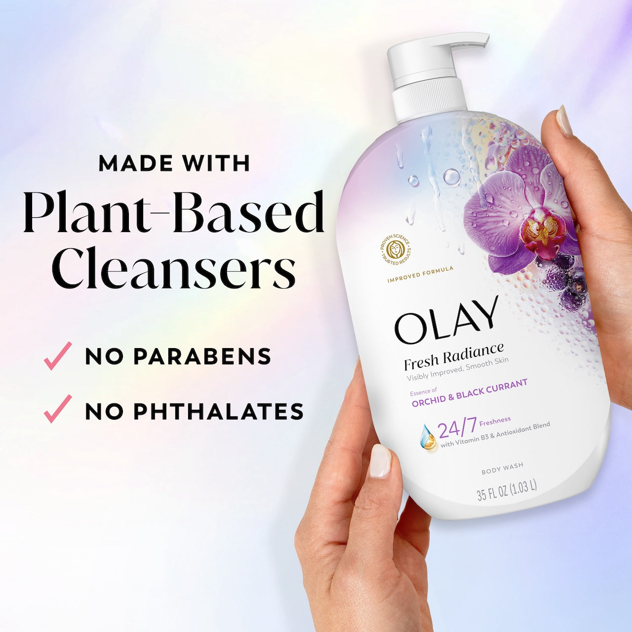 Olay Fresh Radiance Body Wash · Essence of Orchid and Black Currant · Vitamin B3 and Antioxidant Blend · 35oz