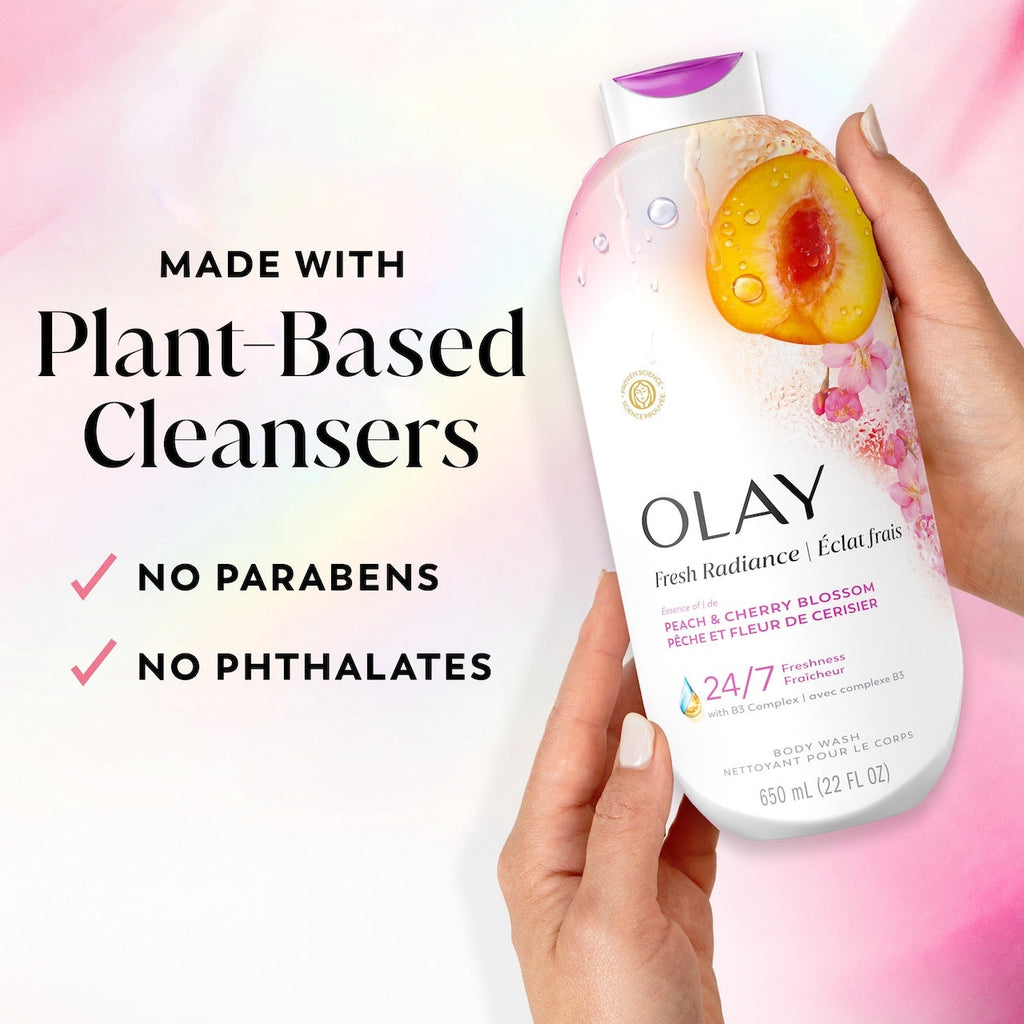 Olay Fresh Radiance Body Wash · Essence of Peach and Cherry Blossom · Vitamin B3 and Antioxidant Blend · 22oz