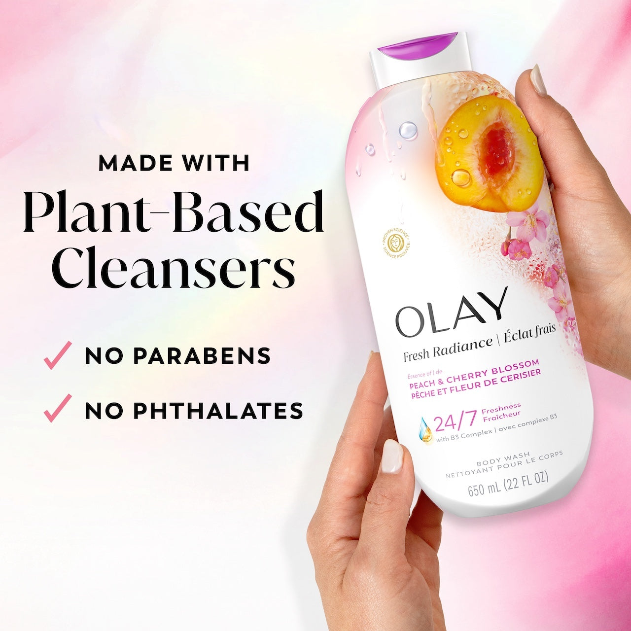 Olay Fresh Radiance Body Wash · Essence of Peach and Cherry Blossom · Vitamin B3 and Antioxidant Blend · 22oz