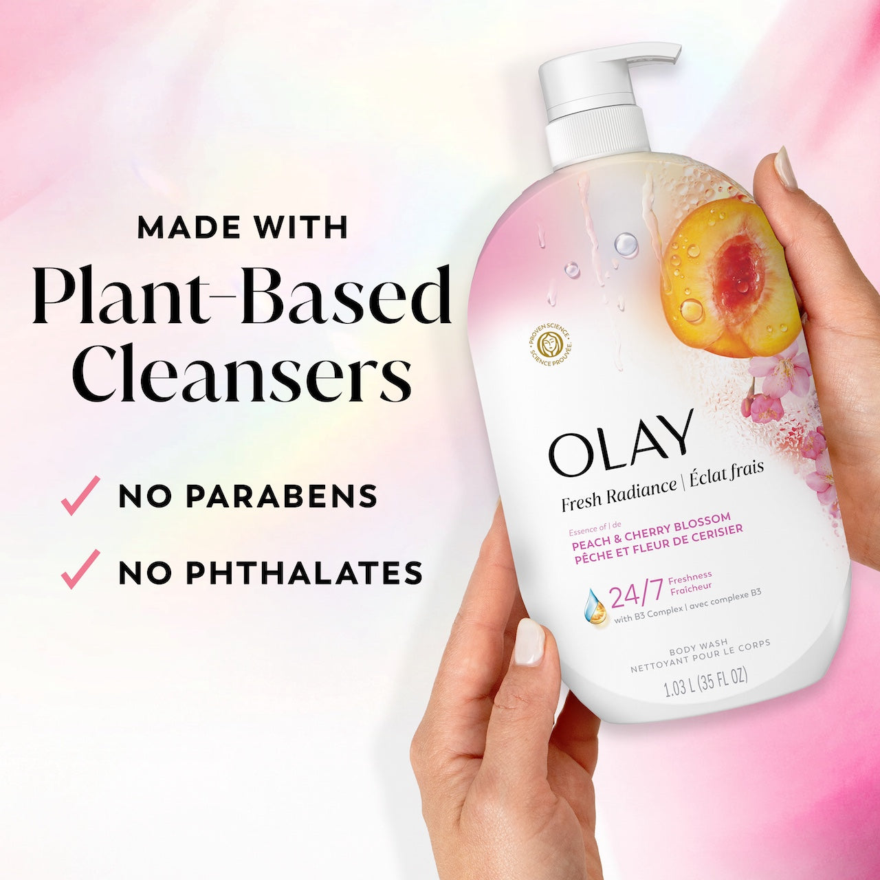 Olay Fresh Radiance Body Wash · Essence of Peach and Cherry Blossom · Vitamin B3 and Antioxidant Blend · 35oz