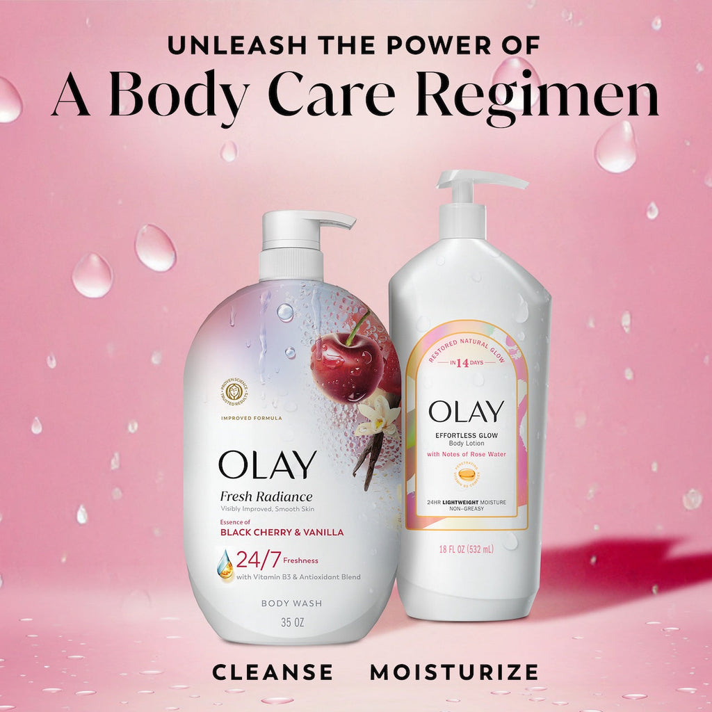 Olay Fresh Radiance Body Wash · Essence of Black Cherry and Vanilla · Vitamin B3 and Antioxidant Blend · 35oz