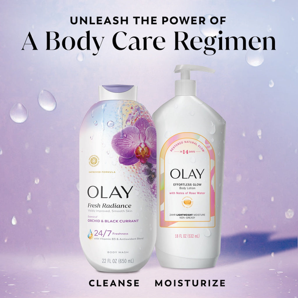 Olay Fresh Radiance Body Wash · Essence of Orchid and Black Currant · Vitamin B3 and Antioxidant Blend · 22oz