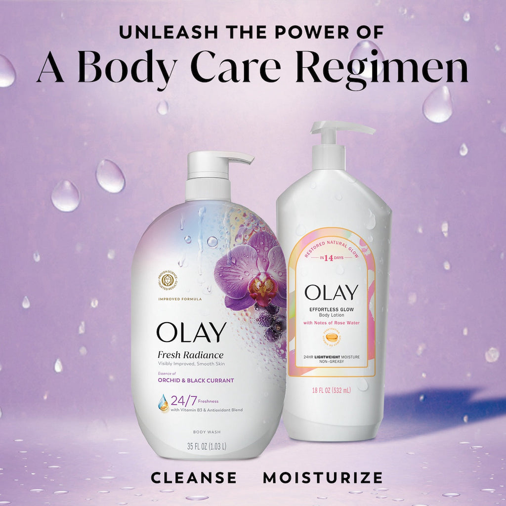 Olay Fresh Radiance Body Wash · Essence of Orchid and Black Currant · Vitamin B3 and Antioxidant Blend · 35oz